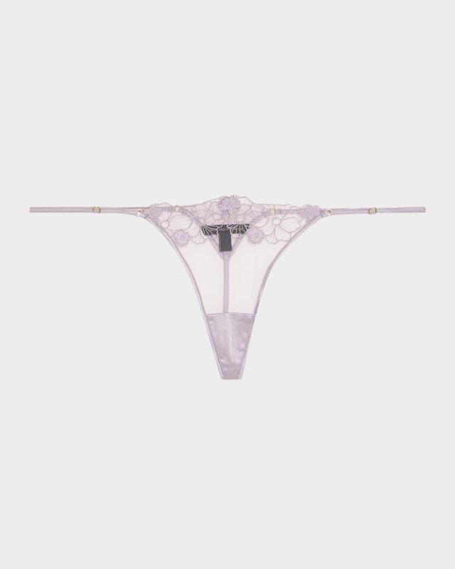 Violet Floral-Embroidered Tulle Thong